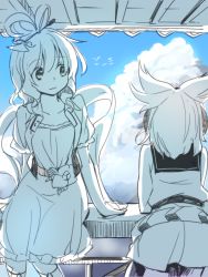Rule 34 | 2girls, :3, bird, cloud, day, female focus, kaku seiga, leaning forward, limited palette, looking at another, makuwauri, multiple girls, partially colored, sitting, sky, touhou, toyosatomimi no miko