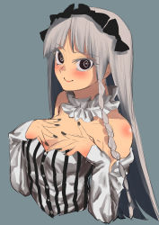 Rule 34 | 1girl, benbe, black eyes, black nails, blue background, blush, breasts, cleavage, fate/strange fake, fate (series), francesca (fate/strange fake), grey hair, highres, long hair, looking at viewer, nail polish, simple background, smile, solo