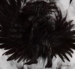 Rule 34 | 1boy, artist name, beak, black feathers, black hair, claws, commentary, corvus corax (warhammer), crow&#039;s beak, english commentary, english text, feathers, long hair, looking at viewer, male focus, monster, muscular, muscular male, primarch, raven guard, relithel, simple background, solo, standing, veins, veiny arms, warhammer 40k, white background