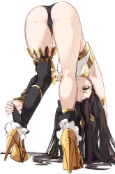 Rule 34 | 1girl, absurdres, ass, asymmetrical legwear, bent over, black hair, earrings, fate/grand order, fate (series), high heels, highres, ishtar (fate), ishtar (fate), jewelry, kilalesi, legs, long hair, red eyes, simple background, single thighhigh, solo, thighhighs, top-down bottom-up, twintails, uneven legwear, view between legs, white background