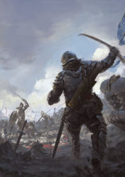 Rule 34 | 6+boys, armor, armored boots, arrow (projectile), arrow in body, banner, battle, beard, black hair, blood, blurry, boots, bow (weapon), breastplate, canteen, cloud, death, depth of field, facial hair, flag, gauntlets, helmet, highres, kneeling, knight, long hair, male focus, multiple boys, original, polearm, quiver, running, sanyuejiuri, scenery, shield, sky, soldier, spear, war, weapon
