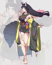 Rule 34 | 1girl, animal ear fluff, animal ears, bare legs, bare shoulders, barefoot, black hair, black kimono, blush, breasts, double fox shadow puppet, floating hair, fox ears, fox girl, fox shadow puppet, fox tail, full body, green eyes, highres, japanese clothes, kimono, large breasts, long hair, multicolored hair, ofuda, ofuda on arm, ofuda on leg, original, pentagram necklace, pink hair, short kimono, sideboob, smile, solo, tail, taka oedo, thigh gap, toes, two-tone hair, wide sleeves, zoom layer