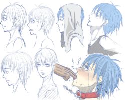 Rule 34 | 1boy, 1girl, blue eyes, blue hair, collar, kuroko no basuke, kuroko tetsuya, male focus, male hand, partially colored, tagme, tears, white background, yaoi