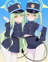 Rule 34 | 2girls, beijuu, belt, black belt, black hat, black jacket, black shorts, black skirt, black tail, blue archive, closed mouth, demon tail, earrings, fang, gloves, green hair, green halo, halo, hat, highres, hikari (blue archive), jacket, jewelry, long hair, long sleeves, looking at viewer, multiple girls, nozomi (blue archive), pantyhose, peaked cap, pleated skirt, pointy ears, shorts, siblings, single earring, sisters, skin fang, skirt, smile, tail, twins, twintails, white gloves, white pantyhose, yellow eyes