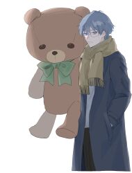 Rule 34 | 1boy, black pants, blue coat, blue eyes, blue hair, bow, bowtie, brown scarf, closed mouth, coat, cropped legs, eyewear strap, fate/grand order, fate (series), glasses, green bow, green bowtie, grey shirt, hair between eyes, hand in pocket, hans christian andersen (adult) (fate), hans christian andersen (fate), highres, holding, holding stuffed toy, long sleeves, looking at viewer, male focus, mizuno (bbzzzzzzbb), open clothes, open coat, pants, scarf, shirt, simple background, solo, stuffed animal, stuffed toy, teddy bear, underwear, white background