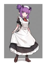 Rule 34 | 1girl, alternate costume, apron, arknights, ascot, black dress, blush, border, chinese commentary, clothes lift, commentary request, demon horns, dress, dress lift, ear piercing, enmaided, full body, grey background, highres, horns, lava (arknights), looking at viewer, mabing, maid, outside border, piercing, pointy ears, purple eyes, purple hair, red ascot, shirt lift, short hair, short twintails, sidelocks, simple background, solo, standing, twintails, wavy mouth, white apron, white border, white wristband