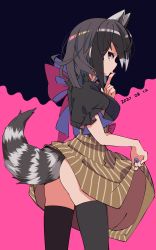 Rule 34 | 1girl, alternate costume, animal ears, ass, black hair, black thighhighs, blouse, bow, brown eyes, clothes lift, common raccoon (kemono friends), dated, extra ears, fingernails, flat ass, from side, grey hair, hand to own mouth, hand up, high-waist skirt, highres, index finger raised, kemono friends, lifting own clothes, looking at viewer, medium hair, medium skirt, multicolored hair, nail polish, nanana (nanana iz), puffy short sleeves, puffy sleeves, purple nails, raccoon ears, raccoon girl, raccoon tail, shirt, short sleeves, sideways glance, skirt, skirt lift, solo, tail, thighhighs, tongue, tongue out