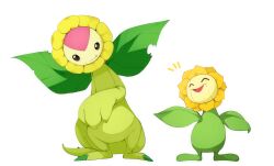 Rule 34 | claws, closed eyes, creatures (company), crossover, digimon, digimon (creature), fang, flower, game freak, gen 2 pokemon, highres, leaf, looking at another, loyaldis, nintendo, no humans, open mouth, petals, pokemon, pokemon (creature), simple background, smile, sunflora, sunflower, sunflowmon, tail, trait connection, white background, wings