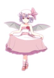 Rule 34 | 1girl, alternate costume, aura, bare shoulders, bat wings, blue hair, bow, crossed legs, curtsey, dress, flower ornament, frilled dress, frills, full body, hat, hat bow, highres, kugi (kugi-xiv), mary janes, mob cap, pink dress, pink socks, red eyes, remilia scarlet, shoes, short hair, simple background, socks, solo, strapless, strapless dress, touhou, watson cross, white background, wings