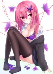 Rule 34 | 1girl, animal, bare shoulders, black jacket, black skirt, blush, bow, bow bra, bow panties, bowtie, bra, bra pull, breasts, brown thighhighs, bug, butterfly, butterfly hair ornament, cleavage, clothes pull, collarbone, collared shirt, commentary request, diagonal-striped bow, diagonal-striped neckwear, ear piercing, earrings, facial mark, fingernails, hair between eyes, hair ornament, hairclip, highres, hoop earrings, insect, jacket, jewelry, knees up, long hair, long sleeves, medium breasts, nail polish, no shoes, off shoulder, open clothes, open jacket, open shirt, original, panties, panties around leg, piercing, pink hair, pleated skirt, purple bow, purple bowtie, purple bra, purple nails, purple panties, red eyes, school uniform, shirt, simple background, sitting, skirt, sleeves past wrists, solo, striped bow, striped bowtie, striped clothes, striped neckwear, thighhighs, underwear, white background, white shirt, yoye (pastel white)
