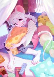 Rule 34 | 1girl, absurdres, animal ears, barefoot, bed, canopy bed, capri pants, claws, commission, computer, dress, feet, female focus, food, food-themed pillow, highres, inuki (aruurara), laptop, looking at viewer, mouse ears, mouse tail, hugging object, on bed, original, pants, pants under dress, pillow, pillow hug, pink dress, pocky, purple hair, sitting, smile, solo, tail, toes, white fur, white hair