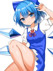 Rule 34 | 1girl, arm up, blue bow, blue dress, blue eyes, blue hair, bow, cirno, closed mouth, collared shirt, dress, hair bow, highres, ice, ice wings, kiui (dagk8254), neck ribbon, red ribbon, ribbon, shirt, short hair, short sleeves, simple background, smile, solo, touhou, w, white background, white shirt, wings