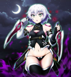 Rule 34 | 1girl, arm belt, bandages, bandaged arm, bandages, black panties, breasts, crescent moon, dagger, dual wielding, scar on face, fate/apocrypha, fate/grand order, fate (series), gloves, green eyes, groin, highres, holding, holding knife, jack the ripper (fate/apocrypha), knife, lowleg, lowleg panties, moon, navel, night, night sky, panties, scar, scar across eye, scar on cheek, scar on face, shoulder tattoo, silver hair, single glove, sky, small breasts, solo, sotomichi, tattoo, thighs, underwear, weapon