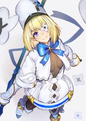 Rule 34 | 1girl, anklet, azur lane, black gloves, blonde hair, blue eyes, bodystocking, boots, breasts, capelet, center opening, cleavage, closed mouth, commentary, dress, earrings, eyepatch, from above, gloves, hat, highres, jewelry, knee boots, le terrible (azur lane), long sleeves, looking at viewer, marshall k, shadow, short hair, sidelocks, simple background, small breasts, smile, solo, standing, vambraces, white background, white capelet, white dress, white footwear, white hat