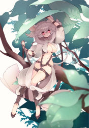 Rule 34 | 1girl, animal ears, breasts, guilty, large breasts, leaf, looking at viewer, mini person, minigirl, pixiv fantasia, pixiv fantasia new world, simple background, sitting, solo, tsumi guilty, white background