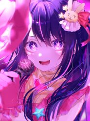 Rule 34 | 1girl, blush, commentary, dress, eyelashes, gloves, hair between eyes, hair ornament, hair ribbon, hands up, heart, highres, holding, holding microphone, hoshino ai (oshi no ko), idol, long hair, looking at viewer, microphone, multicolored eyes, multicolored hair, music, open mouth, oshi no ko, pink dress, pink eyes, pink gloves, pink hair, pink ribbon, purple eyes, purple hair, purple ribbon, r aa3n, rabbit hair ornament, ribbon, singing, sleeveless, sleeveless dress, smile, solo, star-shaped pupils, star (symbol), star hair ornament, star print, sweat, sweatdrop, symbol-shaped pupils, teeth, tongue, turtleneck, turtleneck dress, two-tone hair, upper body, v-shaped eyebrows