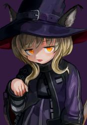 Rule 34 | 1girl, :p, animal ears, arknights, black hat, black shirt, blonde hair, buchi0122, cat ears, cuffs, ears through headwear, fang, hand up, handcuffs, hat, haze (arknights), highres, jacket, looking at viewer, open clothes, open jacket, orange eyes, purple background, purple jacket, shackles, shirt, short hair, simple background, solo, tongue, tongue out, upper body, witch hat