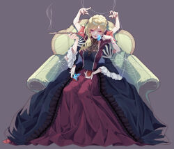 Rule 34 | 1girl, armchair, blonde hair, blue butterfly, blush, bracelet, bug, butterfly, chair, chiyo (195815), cigarette, cigarette holder, dress, extra arms, grey background, high collar, highres, holding, insect, jewelry, lace, long dress, long hair, music box, original, pointy ears, red eyes, red nails, silk, sitting, solo, spider web, tongue, tongue out, wide sleeves