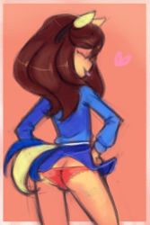 Rule 34 | 1girl, animal ears, ass, blue dress, brown hair, clothes lift, drantyno, dress, dress lift, closed eyes, fake animal ears, fake tail, from behind, hands on own hips, heart, highres, long hair, long sleeves, orange background, panties, red panties, rq (ryuhi), smile, standing, tail, tongue, tongue out, underwear