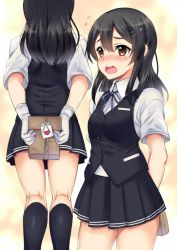 Rule 34 | 10s, 1girl, arms behind back, bag, black hair, blush, commentary request, gloves, hair ornament, hairclip, kantai collection, kyogoku shin, long hair, neck ribbon, open mouth, oyashio (kancolle), pleated skirt, ribbon, school uniform, short sleeves, skirt, solo, vest, white gloves