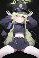 Rule 34 | 1girl, absurdres, black background, blue archive, blush, demon tail, feet out of frame, gloves, green hair, green halo, hachirodesu, halo, hat, highres, hikari (blue archive), long hair, long sleeves, looking at viewer, pantyhose, peaked cap, pointy ears, rabbit pose, solo, tail, wavy hair, white gloves, white pantyhose, yellow eyes