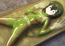 Rule 34 | 1girl, asui tsuyu, bdsm, belt, black eyes, blush stickers, bodysuit, boku no hero academia, bow-shaped hair, commentary request, covered erect nipples, frown, gloves, green bodysuit, green hair, hair rings, harness, highres, latex, long hair, looking at viewer, lying, on back, restrained, sanpaku, see-through, skin tight, solo, tamakko, vacuum bed