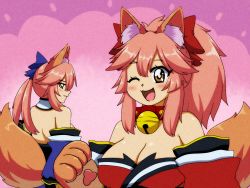 Rule 34 | 1990s (style), 2girls, animal ear fluff, animal ears, animal hands, bare shoulders, bell, blue bow, blue kimono, blue ribbon, blush, bow, breasts, cat paws, cleavage, collar, detached collar, fang, fate/grand order, fate (series), fox ears, fox girl, fox tail, gloves, highres, japanese clothes, jingle bell, keita naruzawa, kimono, large breasts, long hair, multiple girls, neck bell, one eye closed, open mouth, paw gloves, pink background, pink hair, ponytail, red kimono, red ribbon, retro artstyle, ribbon, split ponytail, tail, tamamo (fate), tamamo cat (fate), tamamo cat (first ascension) (fate), tamamo no mae (fate/extra), yellow eyes