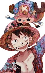 Rule 34 | 2boys, absurdres, alternate costume, happy, highres, looking at viewer, male focus, monkey d. luffy, multiple boys, one piece, open clothes, open shirt, patterned clothing, short hair, smile, stitches, tony tony chopper, upper body, yadu nadu