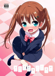 Rule 34 | 1girl, bizen, blue eyes, blush, brown hair, cover, covering privates, covering crotch, from above, hair ornament, hairclip, have to pee, highres, kneehighs, knees together feet apart, long hair, looking up, no shoes, open mouth, original, school uniform, serafuku, skirt, socks, solo, standing, twintails