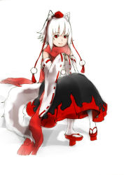 Rule 34 | 1girl, absurdres, animal ears, detached sleeves, geta, hat, highres, inubashiri momiji, looking at viewer, red eyes, scarf, skirt, solo, tail, tokin hat, touhou, white hair, wolf ears, wolf tail, zzzzzzzzzzzzzzp