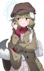 Rule 34 | ..., 1girl, animal ears, blue archive, blue halo, blunt bangs, blush, brown hat, coat, commentary request, cowboy shot, facing viewer, green coat, green eyes, green hair, halo, hand up, hat, highres, long sleeves, looking to the side, open clothes, open coat, open mouth, pants, red shirt, revision, shijima (shijima tc), shirt, simple background, solo, spoken ellipsis, tail, twintails, undershirt, white background, white bag, white pants, yakumo (blue archive)