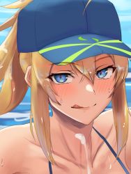 Rule 34 | 1boy, 1girl, ahoge, artoria pendragon (fate), bare shoulders, bikini, blonde hair, blue eyes, blush, breast hold, breasts, cum, ejaculation, fate/grand order, fate (series), hair between eyes, hair through headwear, highres, kasumi saika, licking lips, looking at viewer, mysterious heroine x (fate), mysterious heroine xx (fate), out of frame, sidelocks, smile, swimsuit, tongue, tongue out, water