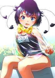 Rule 34 | 1girl, black hair, black one-piece swimsuit, blue eyes, bow, bowtie, commentary request, day, highres, kemono friends, long hair, name tag, one-piece swimsuit, open mouth, outdoors, partial commentary, see-through, short hair, signature, sitting, solo, swimsuit, welt (kinsei koutenkyoku), western parotia (kemono friends), yellow bow, yellow bowtie