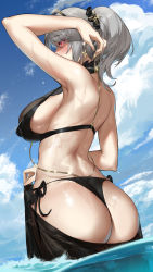 Rule 34 | 1girl, absurdres, aether gazer, arched back, arm behind head, arm up, ass, back, bare arms, bare shoulders, bikini, black-framed eyewear, black bikini, black ribbon, black sarong, blue sky, blush, breasts, bright pupils, chinese commentary, cloud, commentary request, covered mouth, cowboy shot, dawalixi, day, dutch angle, earrings, eyewear on head, fingernails, from behind, grey hair, hair between eyes, hair ribbon, halterneck, hand up, highres, jewelry, kotachi (aether gazer), large breasts, looking at viewer, looking to the side, medium hair, ocean, outdoors, partially underwater shot, pink hair, ponytail, ribbon, sarong, see-through, side-tie bikini bottom, sideboob, sideways glance, sky, solo, standing, string bikini, sunglasses, swimsuit, wading, water drop, wet, white pupils