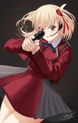 Rule 34 | 1girl, absurdres, artist name, black background, blonde hair, blush, breasts, commentary, feet out of frame, gun, handgun, headset, highres, holding, holding gun, holding weapon, leehamin777, long hair, long sleeves, looking at viewer, lycoris recoil, lycoris uniform, m1911, medium breasts, nishikigi chisato, open mouth, red eyes, solo, standing, thighs, twitter username, two-tone dress, weapon