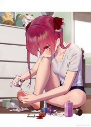 Rule 34 | 1girl, absurdres, alternate costume, applying pedicure, bare legs, barefoot, bed, bedroom, blue nails, blush, breasts, casual, chest of drawers, collarbone, commentary, english commentary, eyelashes, feet, full body, hair ribbon, highres, holding, holding own foot, hololive, houshou marine, indoors, knee up, legs, long hair, looking down, medium breasts, multicolored nails, nail polish, nail polish bottle, on floor, orange eyes, painting nails, painting toenails, red hair, red nails, ribbon, serious, shadow, shiny skin, shirt, short sleeves, shorts, sidelocks, sitting, solo, some1else45, stuffed animal, stuffed toy, sweatdrop, t-shirt, toes, trembling, twintails, virtual youtuber, white shirt, window