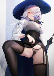 Rule 34 | 1girl, arknights, black panties, black skirt, black thighhighs, blue hair, blue hat, blush, bracelet, breasts, cameltoe, character name, closed umbrella, clothes lift, commission, garter belt, gluteal fold, gradient background, gradient hair, grey background, grey hair, hair over one eye, hat, high-waist skirt, highres, infection monitor (arknights), jewelry, krirk, large breasts, lifted by self, long sleeves, looking at viewer, material growth, multicolored hair, orange eyes, orchid (arknights), oripathy lesion (arknights), panties, parted lips, see-through, short hair, skirt, skirt lift, smile, solo, thighhighs, umbrella, underbust, underwear