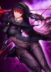Rule 34 | 1girl, absurdres, an yasuri, armor, bad id, bad pixiv id, bodysuit, breasts, cleavage, covered navel, dual wielding, fate/grand order, fate (series), gae bolg (fate), highres, holding, holding weapon, large breasts, long hair, looking at viewer, pauldrons, polearm, purple background, purple bodysuit, purple hair, red eyes, scathach (fate), shoulder armor, spear, star (symbol), thighs, veil, weapon