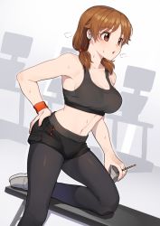 Rule 34 | 1girl, bench, black pantyhose, black shorts, black sports bra, breasts, breath, brown eyes, brown hair, commentary, cup, disposable cup, dolphin shorts, drinking straw, earbuds, earphones, grey footwear, hair over shoulder, hair tie, hand on own hip, holding, holding cup, idolmaster, idolmaster cinderella girls, kamille (vcx68), katagiri sanae, knee up, leaning forward, pantyhose under shorts, looking to the side, low twintails, medium breasts, medium hair, midriff, navel, open mouth, pantyhose, shoes, shorts, sneakers, solo, sports bra, standing, sweat, twintails, white background, wristband
