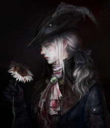Rule 34 | 1girl, ascot, blood, blood on clothes, blood stain, bloodborne, coat, collar, flower, gem, gloves, green gemstone, hat, hat feather, holding, holding flower, kem2064, lady maria of the astral clocktower, long hair, looking to the side, ponytail, solo, tricorne, white ascot