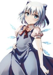Rule 34 | 1girl, blue bow, blue dress, blue eyes, blue hair, bow, bowtie, cirno, closed mouth, cowboy shot, dress, hair bow, hand on own hip, highres, ice, ice wings, looking at viewer, natsume suzuri, puffy short sleeves, puffy sleeves, red bow, red bowtie, short hair, short sleeves, simple background, smile, standing, touhou, white background, wings
