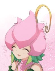 Rule 34 | 1girl, blush, closed eyes, digimon, digimon (creature), fairy, flower, happy, highres, lilimon, looking at viewer, loyaldis, monster girl, open mouth, petals, pink background, plant, plant girl, simple background, sketch, solo