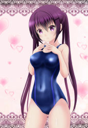 Rule 34 | 1girl, blush, breasts, competition swimsuit, covered navel, covered erect nipples, gochuumon wa usagi desu ka?, highres, long hair, looking at viewer, nonaka chikin, one-piece swimsuit, purple eyes, purple hair, smile, solo, standing, swimsuit, tedeza rize, twintails