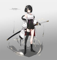 Rule 34 | 1girl, bare shoulders, black hair, boots, breasts, choker, coat, collarbone, commentary, english commentary, gloves, gradient background, grey background, half gloves, high heel boots, high heels, highres, horn ornament, horn ring, horns, jacket, katana, large breasts, looking at viewer, multicolored hair, original, padded jacket, rikui (rella2930), sheath, sheathed, short hair, single thighhigh, standing, streaked hair, sword, thighhighs, weapon, white coat, white hair, yellow eyes