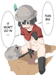 Rule 34 | 10s, 1boy, 1girl, bar censor, black hair, blue eyes, censored, clothes lift, cowgirl position, dark-skinned male, dark skin, feathers, girl on top, gloves, hard-translated, hat, hetero, highres, imminent penetration, kaban (kemono friends), kemono friends, muchi maro, open mouth, pants around one leg, penis, precum, shirt lift, short hair, sketch, speech bubble, straddling, sweatdrop, thighhighs, third-party edit, torn clothes, torn hat, translated, uncensored, white background