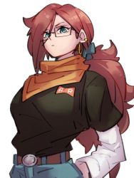 Rule 34 | 1girl, alternate hairstyle, android 17, android 17 (cosplay), android 21, belt, black shirt, blue eyes, blue pants, brown belt, cosplay, dragon ball, dragon ball fighterz, dragonball z, earrings, hair between eyes, hoop earrings, jewelry, kemachiku, long hair, looking at viewer, orange scarf, pants, ponytail, red hair, red ribbon army, scarf, shirt, solo