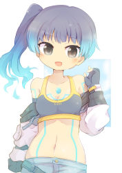 Rule 34 | 1girl, blue hair, brown eyes, chest jewel, fiery hair, fingerless gloves, gloves, glowing lines, highres, leggings, navel, naya, open mouth, sena (xenoblade), shoulder strap, simple background, solo, sports bra, white background, xenoblade chronicles (series), xenoblade chronicles 3