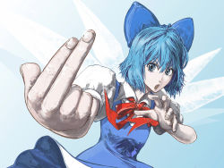 Rule 34 | blue eyes, blue hair, bow, cirno, dress, fighting stance, foreshortening, hair between eyes, hair bow, highres, open mouth, short hair, solo, touhou, umami (sakeikura), wings