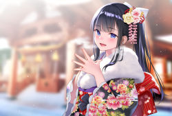Rule 34 | 1girl, black hair, blue eyes, blush, flower, fur, fur collar, hair flower, hair ornament, highres, japanese clothes, kimono, long hair, looking at viewer, obi, original, outdoors, own hands clasped, own hands together, pale skin, ponytail, re:shimashima, sash, sidelocks, solo, wide sleeves, winter