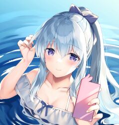 Rule 34 | 1girl, blue archive, blue bow, blue hair, bow, breasts, cellphone, cleavage, closed mouth, collarbone, comiket 102, hair bow, hand in own hair, holding, holding phone, long hair, medium breasts, miyako (blue archive), partially submerged, phone, ponytail, purple eyes, rei (rei&#039;s room), small breasts, smartphone, smile, solo, swimsuit, upper body, water